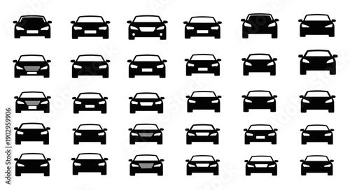 Collection of car silhouettes front view isolated on white background.