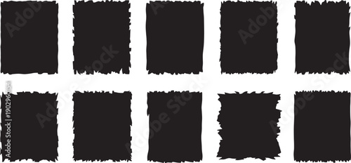 Set of rough torn black paper rectangles on white background for photo frames or textures