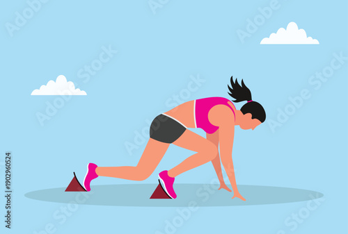 Vector illustration of a female athlete in starting position on running track, ready to sprint, representing sports, fitness, competition, and determination
