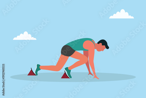 Vector illustration of a male athlete at starting position on running track symbolizing preparation, focus, speed, competition, training, fitness and race start
