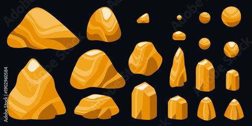 Collection of golden rocks and pebbles on a black background