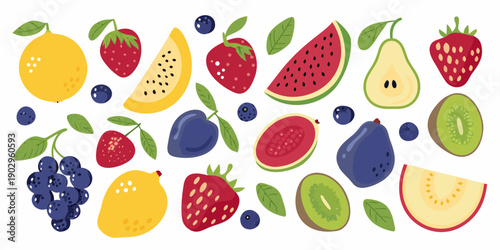 Colorful assortment of various fresh fruits with leaves and seeds