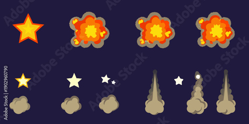 Pixel art explosion and star animation frames for game development