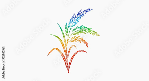 Vibrant rainbow colored textured graphic illustration of a rice or wheat plant on white background