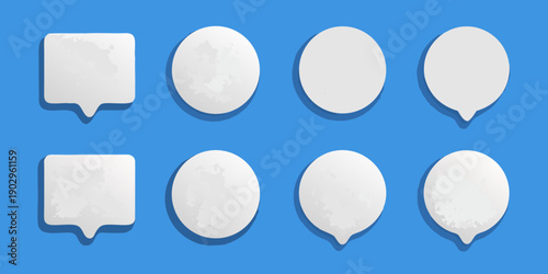 A series of white speech bubbles and thought bubbles on blue