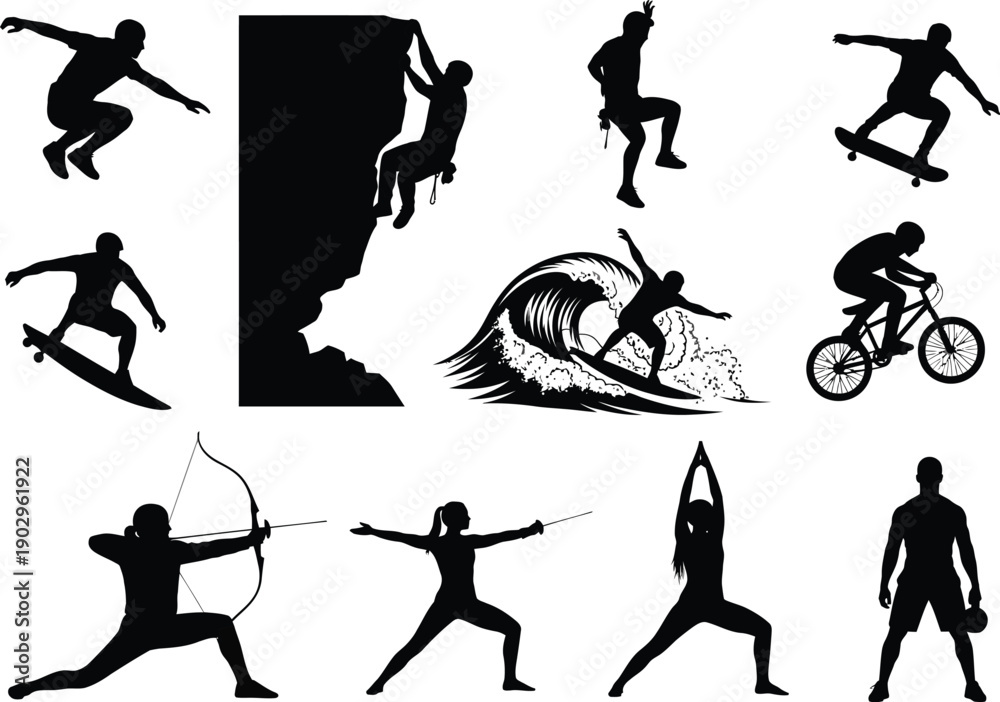 Fototapeta premium Silhouettes of people engaging in a variety of extreme sports and activities like skateboarding, rock climbing, and surfing, plus yoga and archery.