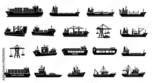 Collection of Cargo Ship Silhouettes for Transportation and Logistics.