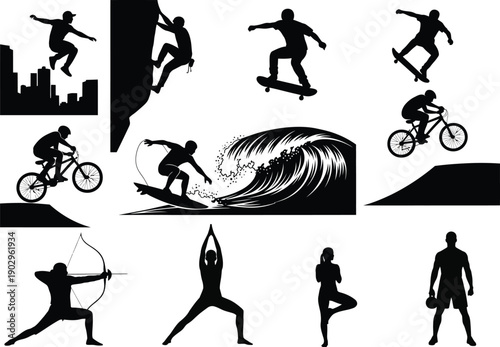 Dynamic silhouettes of individuals participating in extreme sports, urban activities, and mindful practices, set against varied backgrounds.