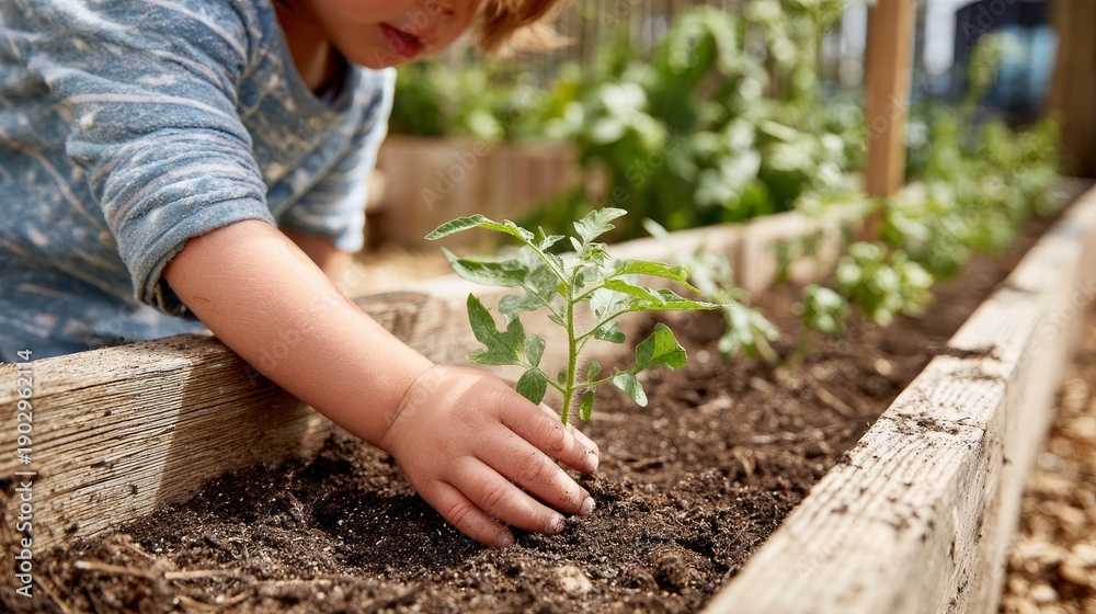 Fototapeta premium Child Gently Pressing Tiny Seedling into Rich Soil in Garden Bed