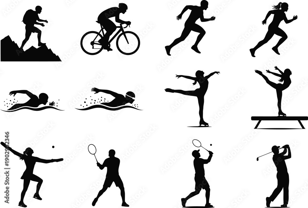 Obraz premium Dynamic silhouettes of people performing diverse sports and recreational activities, including hiking, cycling, running, swimming, figure skating, gymnastics, and golf.