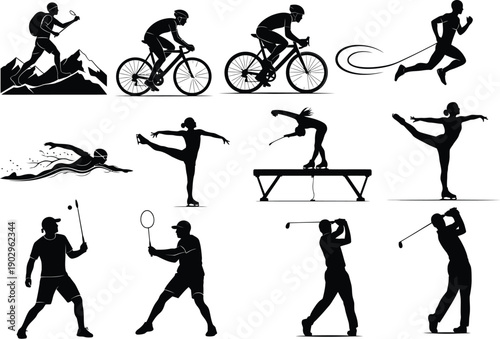 Silhouettes of athletes engaged in various sports: hiking, cycling, running, swimming, ice skating, gymnastics, tennis, and golf.
