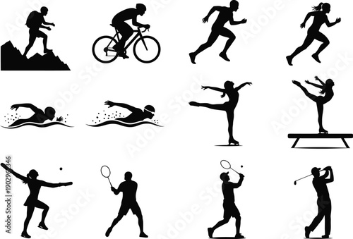 Dynamic silhouettes of people performing diverse sports and recreational activities, including hiking, cycling, running, swimming, figure skating, gymnastics, and golf.