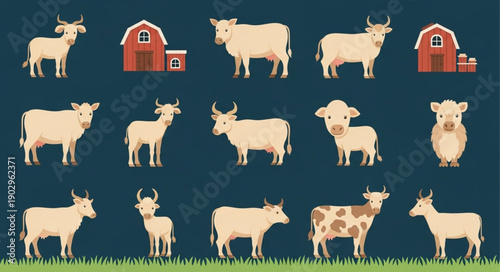 Collection of cartoon cows and barns on a dark blue background.
