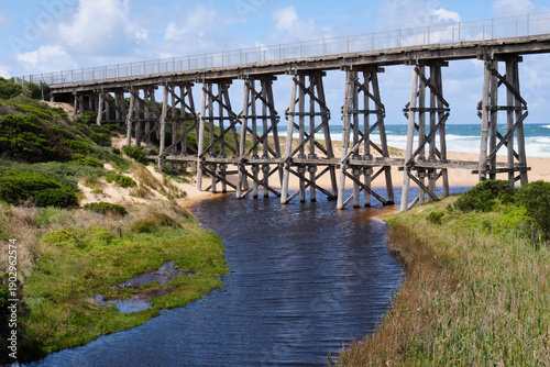 Fényképezés The ex-railways wooden trestle Kilcunda Bridge spans 91 metres across Bourne Cre