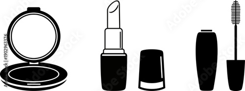 Makeup and cosmetics icon set with compact powder, lipstick, and mascara wand isolated on transparent background.