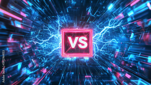 Neon versus logo cyber sport background electric energy frame glowing pink blue light digital gaming arena futuristic technology tunnel