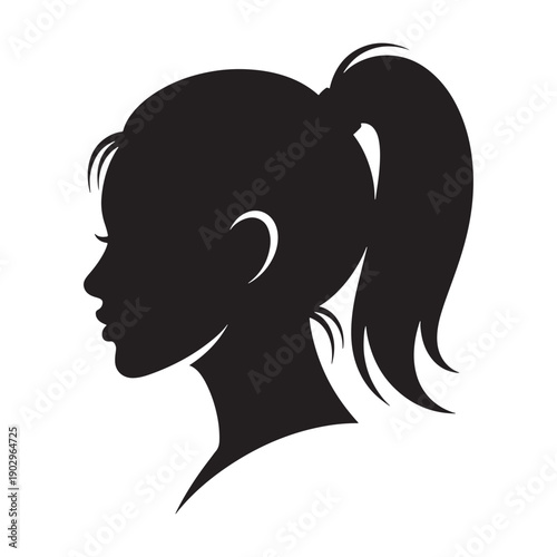 A simple black silhouette of a girl's head with a ponytail hairstyle.