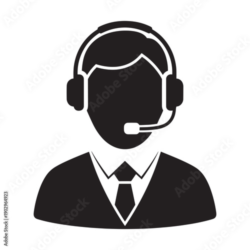 A simple black and white icon of a customer service representative wearing a headset.