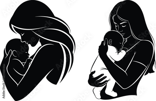 Mother holding baby in her arms, a tender moment captured in simple yet emotive illustrations.