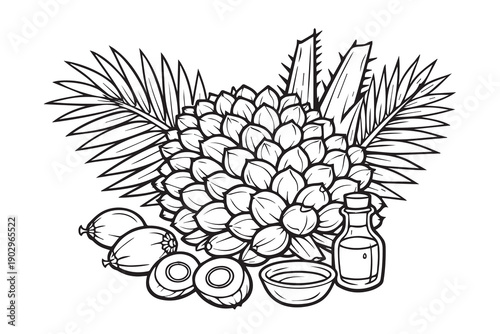 The vector artwork presents clusters of palm oil fruits, highlighting the palm oil business sector, industrial development, and the role of plantations in supporting global commercial demand.