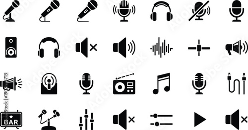 Set of black icons for audio, music, sound, and broadcasting equipment and signals.