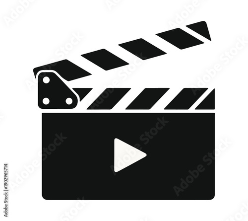 A simple graphic representation of a film clapperboard with a play button.