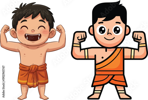 Two boys in orange attire flexing muscles with big smiles in a playful cartoon illustration