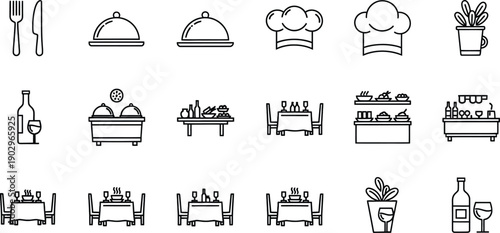 Collection of 20 black and white outline icons related to dining, food service, and restaurants