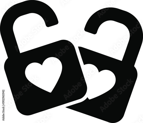 Two black padlocks with heart-shaped symbols on the front, overlapping each other, representing love and security
