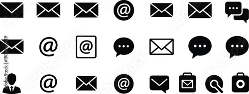 Set of 20 black icons for email, communication, and online messaging