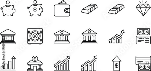Set of 20 black and white line art icons for finance, banking, and investment growth