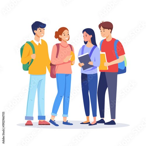 Cheerful college students with books and backpacks standing together. Teen girls and guys meeting and talking. Vector illustration for communication, studying, school friends, youth, teenagers concept