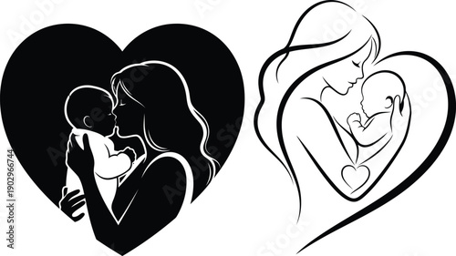 Mother holding baby in heart-shaped silhouette and outline illustrations of mother and child embracing