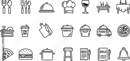 Restaurant and food icons: cutlery, chef hat, wine glass, pizza, burger, food truck, bell