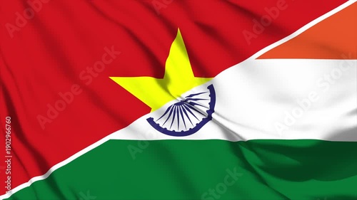 Suriname and India split screen flag waving in wind representing international relations and diplomatic partnership between two nations