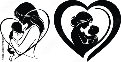 Mother and Child Embrace Silhouetted in Heart-Shaped Illustration