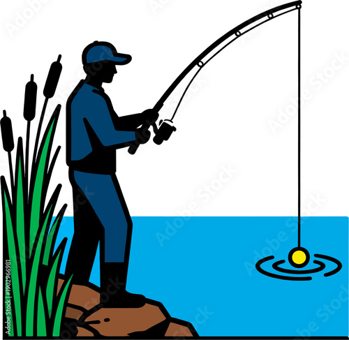 Fisherman casting rod amid reeds by blue water lake