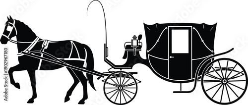 Horse-drawn carriage silhouette vector illustration, vintage transportation concept, traditional wagon with spoked wheels, elegant historic travel design