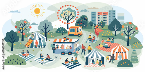 A vibrant illustration depicting a bustling park scene with a ferris wheel