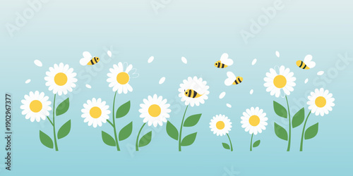 A serene illustration of daisies and bees in a light blue setting