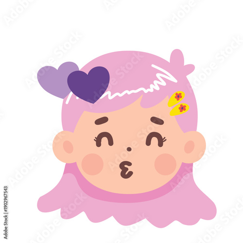Kawaii cartoon girl face with pink hair and hearts.