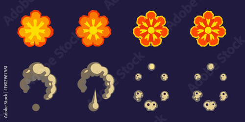 Four pixel art flower explosions with accompanying smoke and debris effects
