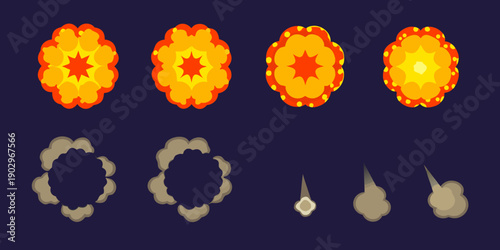 Pixel art explosion animation frames with smoke showcasing impact stages