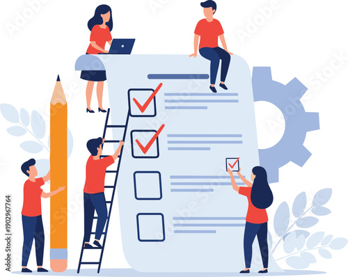 Team members collaborate on a large checklist surrounded by stationery and machinery icons