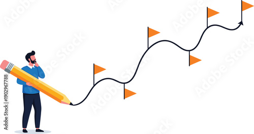 Man holding giant pencil drawing wavy line with flags on a white background from a side view