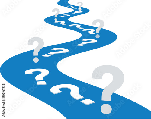 A winding blue path with numerous question marks along its length viewed from directly above