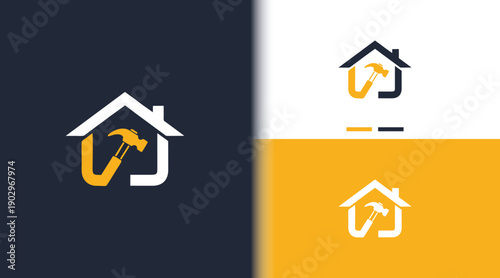 Four color variations of a modern house logo featuring a hammer shaped like a letter, representing a professional home repair or handyman brand