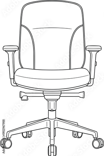 A detailed line drawing of an office chair from the front viewpoint showcasing its adjustable features and ergonomic design in a minimalist environment