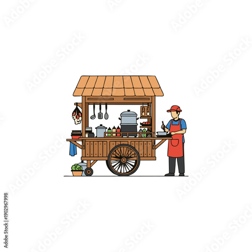 A wooden food cart with a chef standing beside it, preparing food. The cart has kitchen tools, pots, and plants