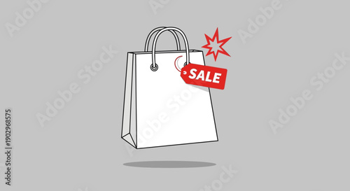 Promotional shopping bag illustration with a vibrant red sale tag and exciting burst graphic